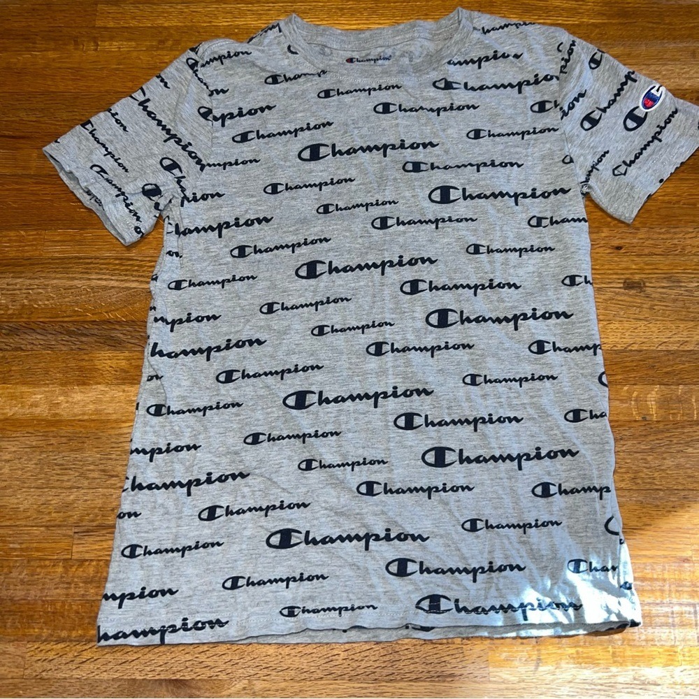 Champion Youth Medium Gray Black All-Over Logo‎ Crew Neck Athleticwear T-Shirt